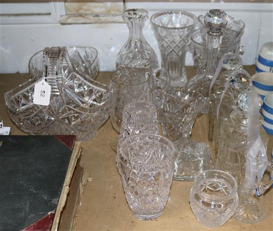 Collection of cut glass tableware, inc decanters, bowls, fruit basket, vases etc (some faults)